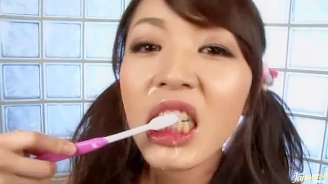 Kinky Asian babe Marika brushing her teeth with cum and ing cum