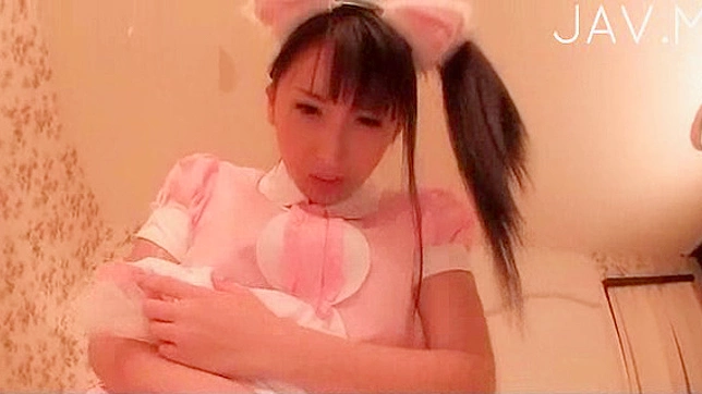 Beauty and cute japanese maid is sucking his stick