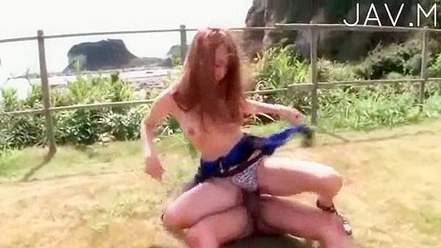 Crazy japanese  with red hair gets deeply mashed outdoors