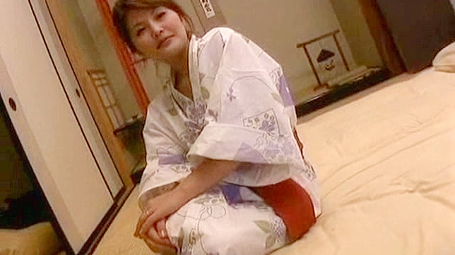 Straight japanese sweetie in kimono is waiting for her bf