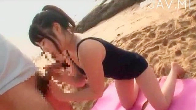 Naughty Japanese chicks give wild blowjob at the beach