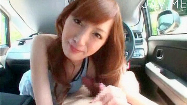 Redhead and sexy japanese doll is giving blowjob in the car