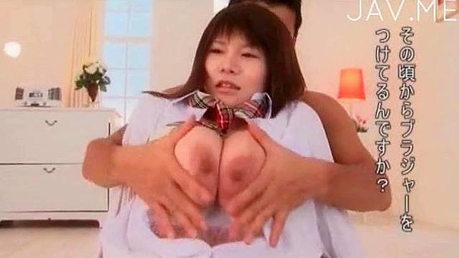 Horny guy plays with schoolgirl's huge boobs