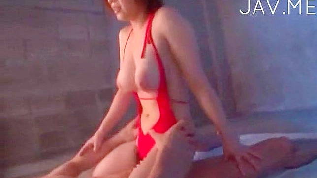 Busty brunette in a red swimsuit rides a cock