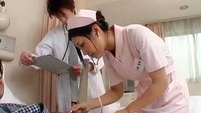 Pretty Asian nurse gives hot blowjob to extract warm jizz