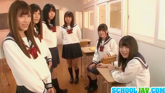 All-girl group pleasuring for lucky stud inside a classroom