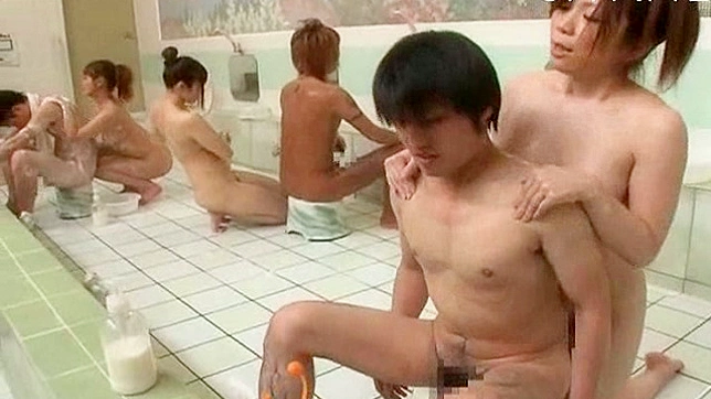 Naked and petite japanese teen is doing titjob to her macho man