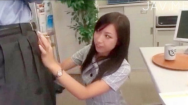 Asian office lady with upskirt is giving blowjob to her boss