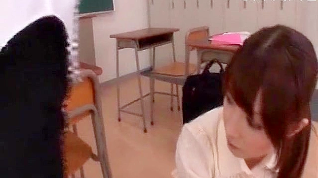 Exciting classroom threesome for amateur Japanese babe
