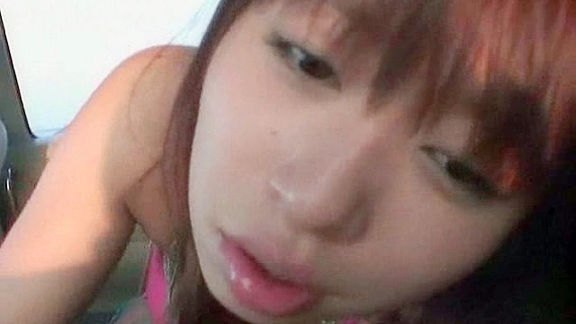 Hilarious and hungry asian  is giving blowjob in the car