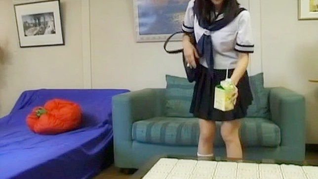 Azusa Miyanaga in school uniform sucks hard penis
