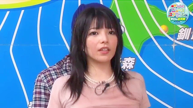 Japanese TV newscaster talks about the weather as she is fingered and fucked
