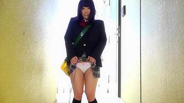 Gorgeous Japanese schoolgirl with upskirt is demonstrating her wet pussy