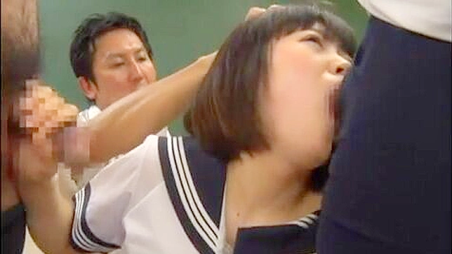 Insane Guys Force Naive School girl to give Blowjob and swallow in classroom