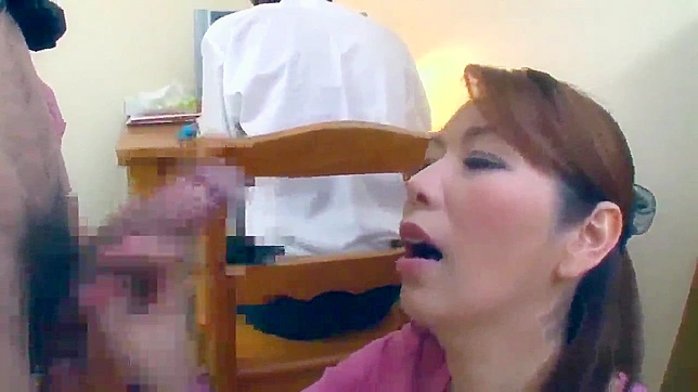 MILF Gives Blowjob to Friend Huge cock while son watches