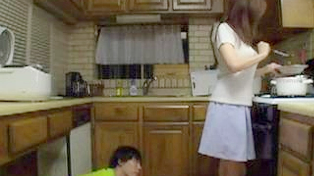 Sexy Teen Seduces Mature Woman in Kitchen while cooking dinner for her husband.