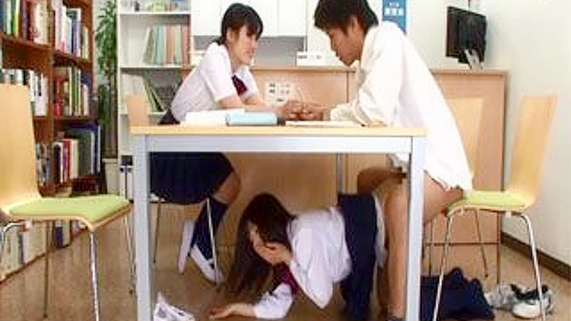 Asians Teen Wild Ride in School Library with Classmate