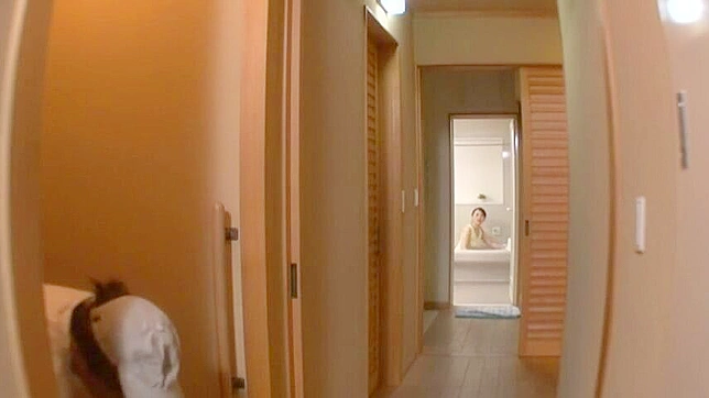 Sexy Japan wife in lingerie cleaning bathroom caught by delivery boy