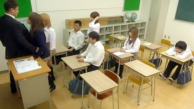 Asian Schoolgirls' Wild Romp with Teacher in Classroom