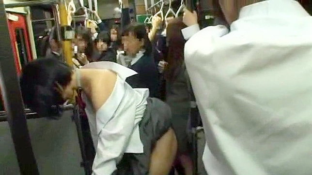 Immodest schoolgirl surprise grab on businessman dick in bus