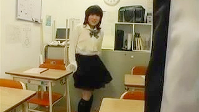 Oriental Teen Gets Naughty with Classmate in School, Rubs his dick with her ass till he cums.