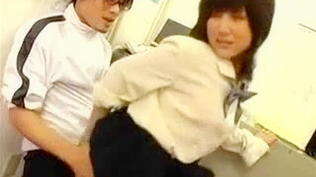 Oriental Teen Gets Naughty with Classmate in School, Rubs his dick with her ass till he cums.