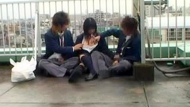 日本のティーンエイジャーが2人の友人と学校の屋根の上で秘密の手記を書いた。