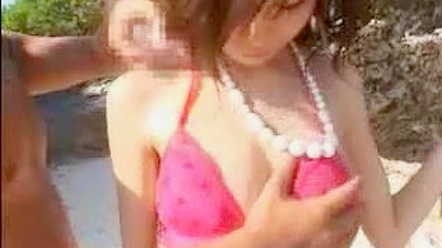 Sexy Asian model in red bikini gets public beach fuck