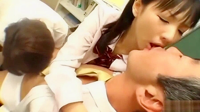 Japanese Cosplay Teacher Threesome with Old & Young Students
