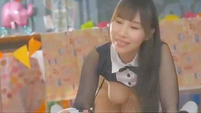 Japanese Cosplay Teacher's Reverse Bunny Blowjob Threesome with Big Tits and Hardcore Handjob Creampie
