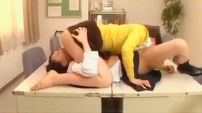 Japanese Lesbian Teen Students Lick and finger each other's pussies on the desk during class