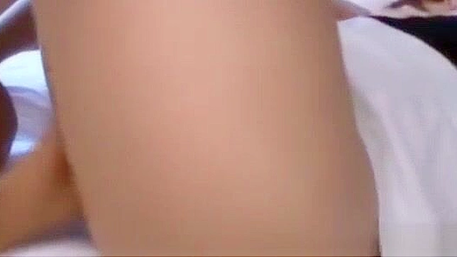 Japanese Office Lady in Stockings Gets Blowjob & Fingering on the Bed