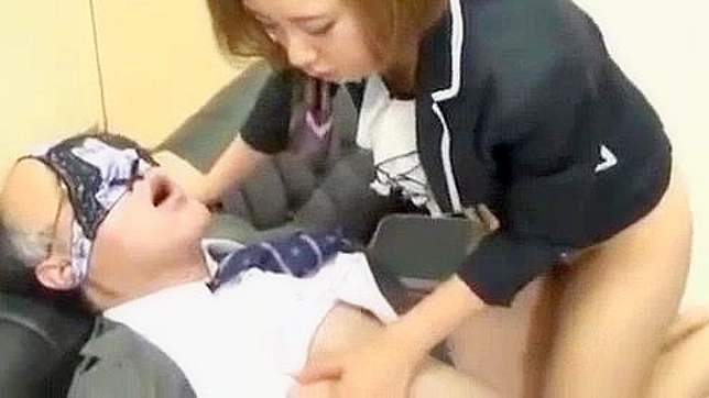 Japanese Office Lady Blows Old Men Hard in Porn Video