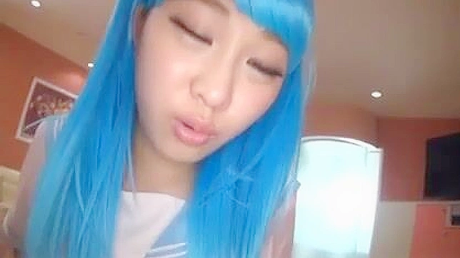 Blue-haired cosplay girl pounded a guy's bottom with giant dildo