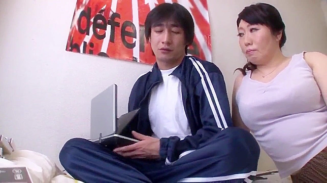 Mom & Son watching porn together! Japanese MILF Gives Son a Steamy Blowjob, Shows Off Her Tits