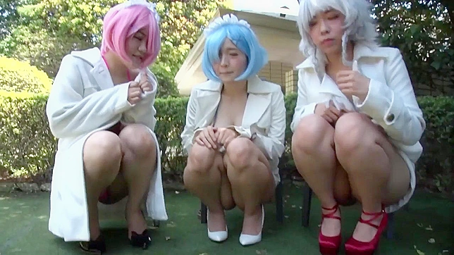 Three Japanese cosplay teens fucked by a lucky geeks studs