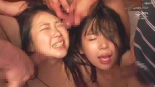 Two Japanese sluts Kidnapped, tied up and fucked by three hardcore robbers in the woods!