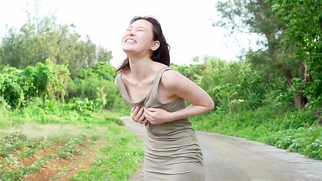 Japanese dumb stupid whore gets naked and playing at the side of the road