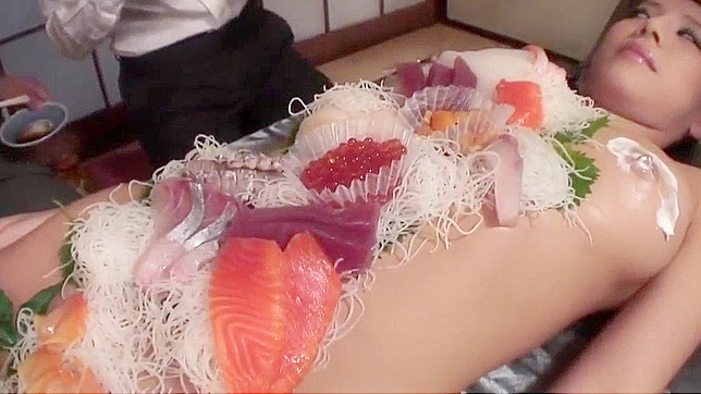 Jav Porn Video ~ Business Men Eat Sushi Out of a Naked Girl's Body