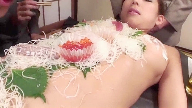 Jav Porn Video ~ Business Men Eat Sushi Out of a Naked Girl's Body