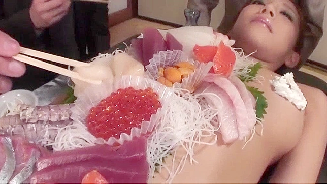 Jav Porn Video ~ Business Men Eat Sushi Out of a Naked Girl's Body