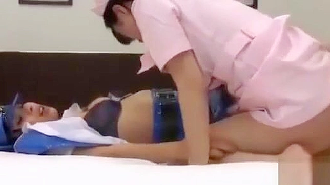 caught her in the act! luscious Asian girl in a police uniform gets fucked with a toy by a nurse on the bed!