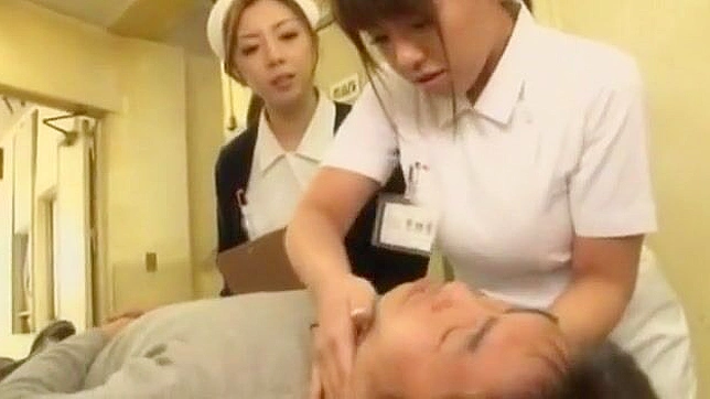 Cute Japanese Nurse teen masturbates before sucking a thick boner