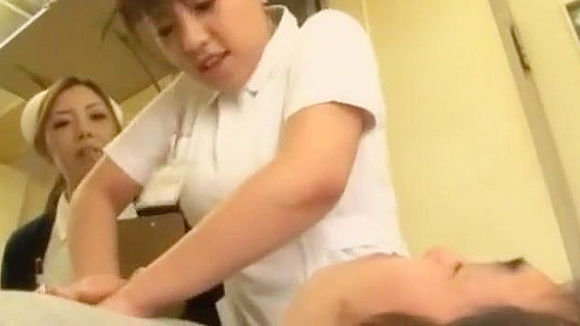 Cute Japanese Nurse teen masturbates before sucking a thick boner