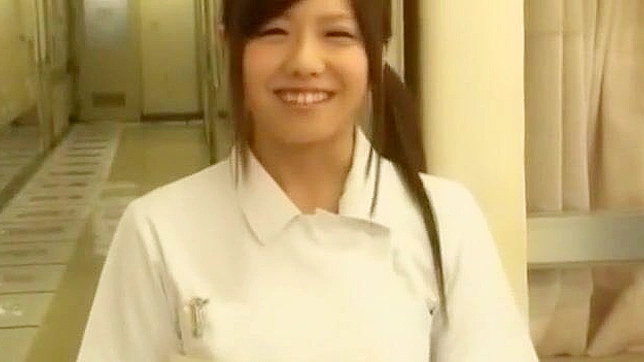 Cute Japanese Nurse teen masturbates before sucking a thick boner