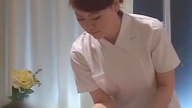 Japanese Nurse chick rides a guy after getting her hairy pussy satisfied with toys POV