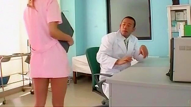 Gorgeous Japanese Nurse gal in black stockings enjoys an interracial threesome