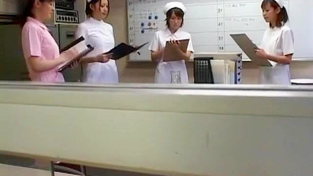 Dirty Japanese Nurse waitress gets her tight holes destroyed and creampied by more clients