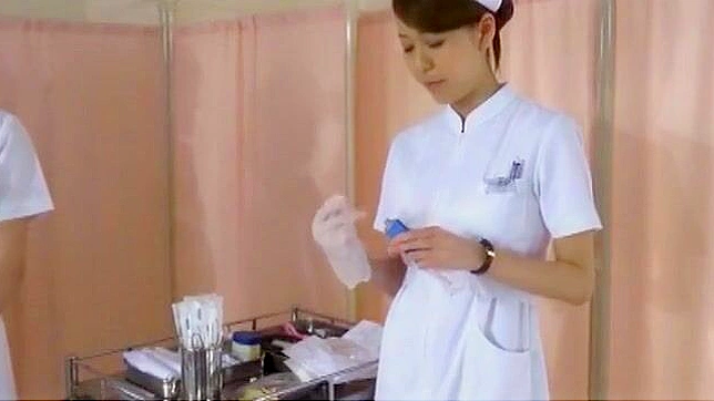 Cute Japanese Nurse Girl Teases Guy with in a Row Handjob After Watching Him Jerk off and Cum.