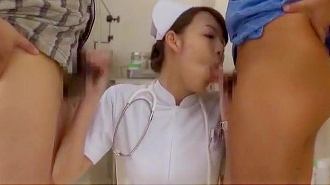 Tied up Japanese Nurse babe get her hairy pussy fingered and toyed by two guys